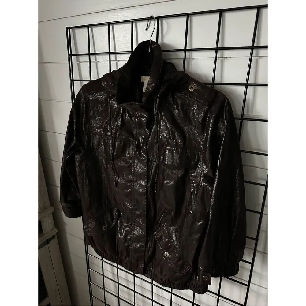 Chico's Size‎ 1 Jacket Coat Womens Medium 3/4 Sleeve Hooded Shiny Brown Pockets